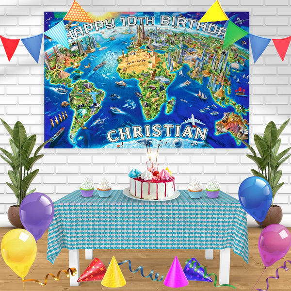 3D World Map Bn Birthday Banner Personalized Party Backdrop Decoration