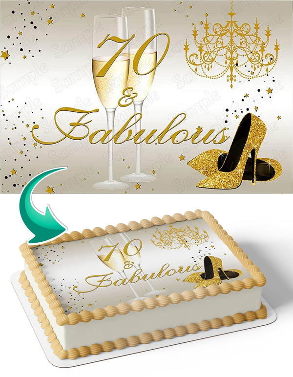 70 and Fabulous Gold Glitter Shoes Edible Cake Toppers