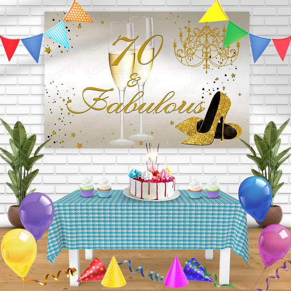 70 and Fabulous Gold Glitter Shoes Bn Birthday Banner Personalized Party Backdrop Decoration