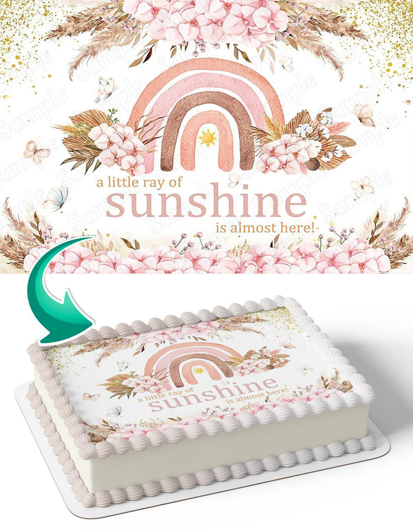 A Little Ray of Sunshine is Almost Here Pink Floral Rainbow Edible Cake Toppers