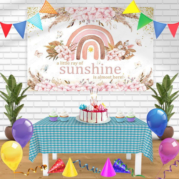 A Little Ray of Sunshine is Almost Here Pink Floral Rainbow Bn Birthday Banner Personalized Party Backdrop Decoration