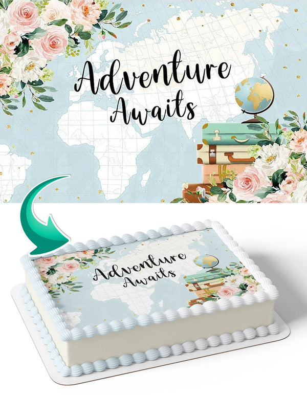 Adventure Awaits Adventure Begins Map Around World Edible Cake Toppers