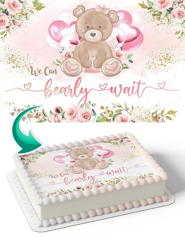 Bear Hearts Baby Shower We Can Bearly Wait Pink Floral Edible Cake Toppers