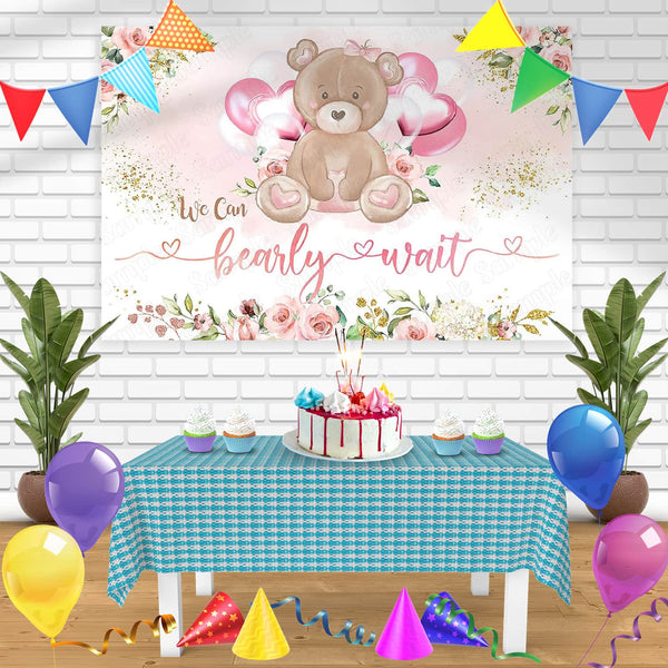 Bear Hearts Baby Shower We Can Bearly Wait Pink Floral Bn Birthday Banner Personalized Party Backdrop Decoration