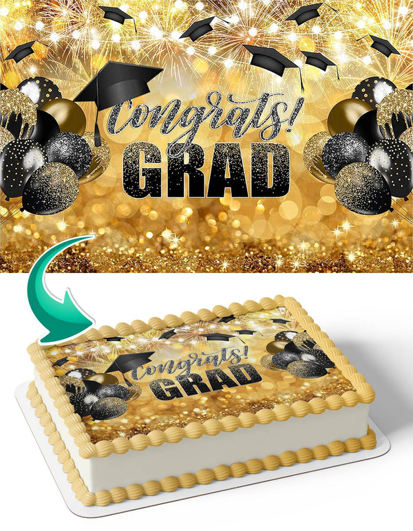 Black Gold Graduation Congrats Grad Edible Cake Toppers