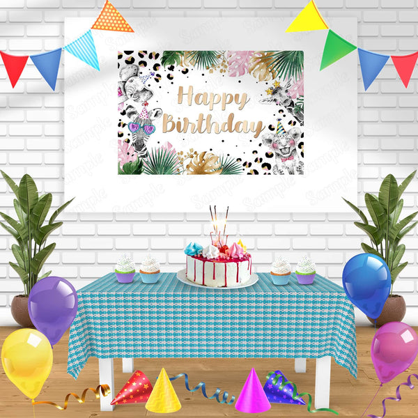 Black and White Tropical Animals Jungle Safari Pink Leaves Bn Birthday Banner Personalized Party Backdrop Decoration