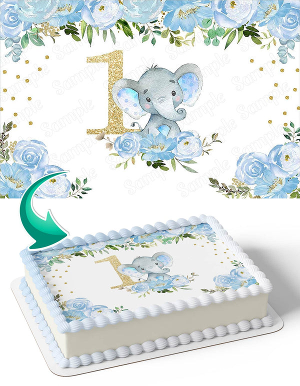 Blue Flowers Elephant 1st Year Edible Cake Toppers