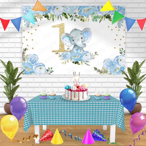 Blue Flowers Elephant 1st Year Bn Birthday Banner Personalized Party Backdrop Decoration