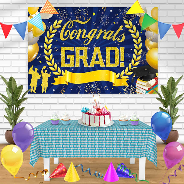 Blue Gold Graduation Congrats Grad Books BCG Bn Birthday Banner Personalized Party Backdrop Decoration