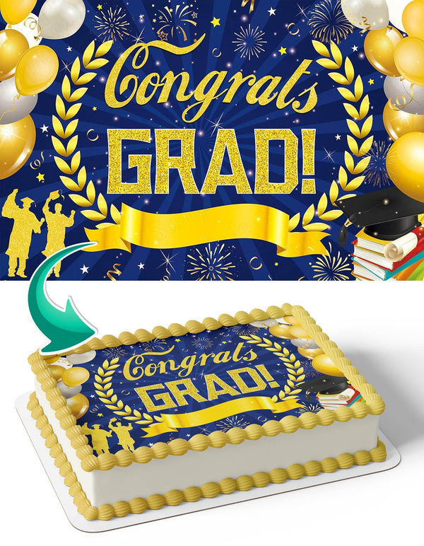 Blue Gold Graduation Congrats Grad Books BCG Edible Cake Toppers