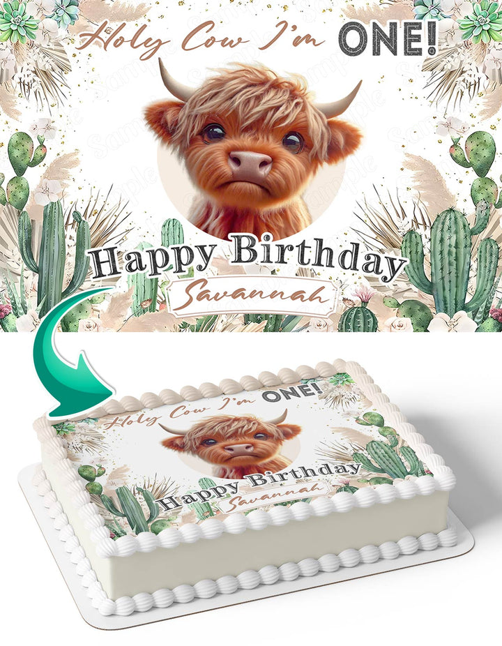 Holy Cow Im One Baby Highland Cow Edible Cake Toppers