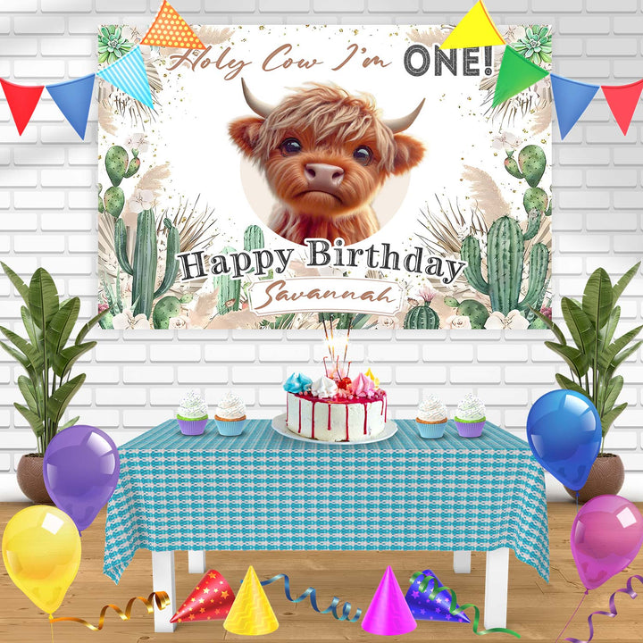 Holy Cow Im One Baby Highland Cow Bn Birthday Banner Personalized Party Backdrop Decoration