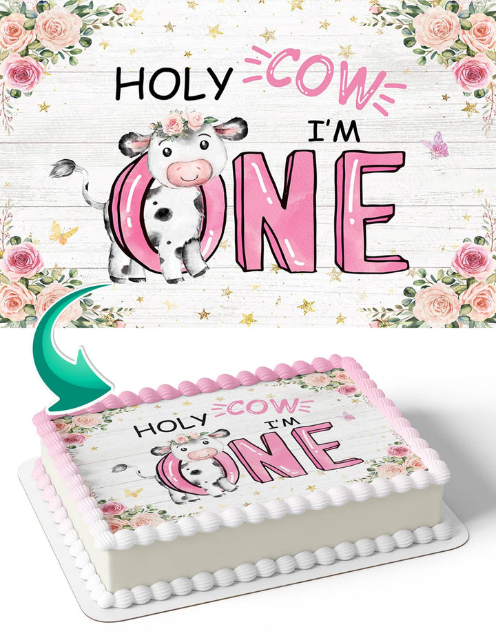 Holy Cow Im One Baby Pink Milk Cow Edible Cake Toppers