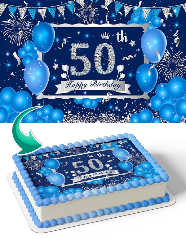 Navy Blue Silver Glitter 50th Birthday Edible Cake Toppers