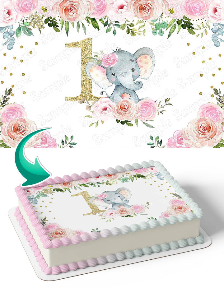 Pink Flowers Elephant 1st Year Edible Cake Toppers