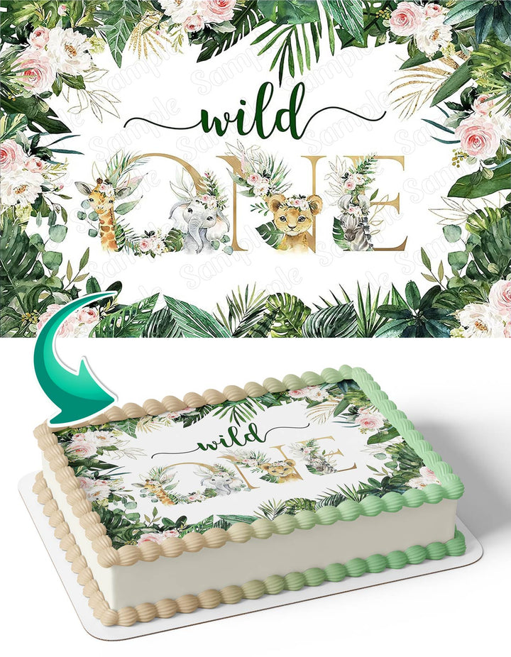 Safari Wild One Jungle Zoo Animals Green Leaves Edible Cake Toppers