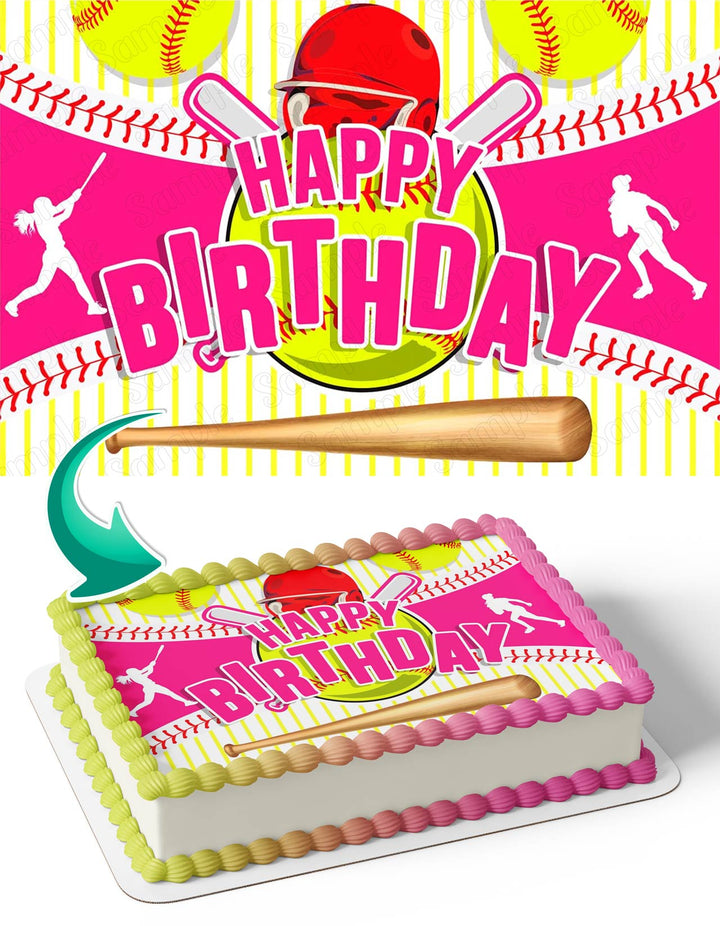 Softball League Girls Teens Pink Edible Cake Toppers