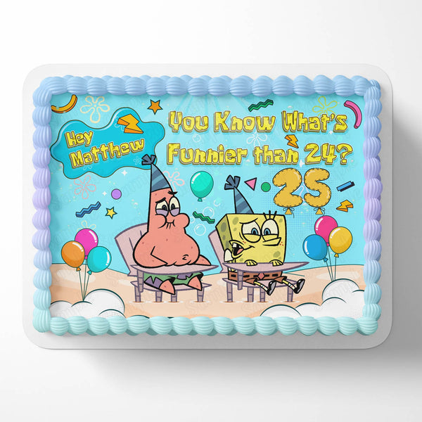 Adorno para tarta de cumpleaños personalizado con imagen comestible de Bob Esponja y Patricio, más divertido que 24 25 GC