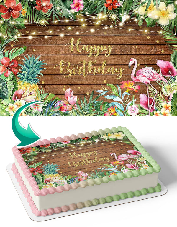 Tropical Flamingo Hawaiian Summer Wood Floral Leaves Lights Edible Cake Toppers