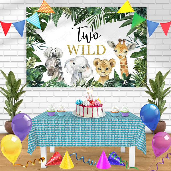 Two Wild Jungle Safari Animals Zoo Green Leaves Bn Birthday Banner Personalized Party Backdrop Decoration