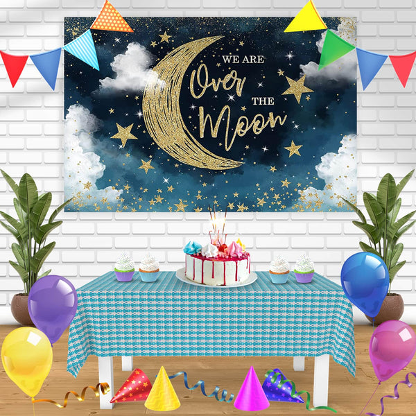 We are Over The Moon Baby Shower Moon and Stars Starry Night Bn Birthday Banner Personalized Party Backdrop Decoration