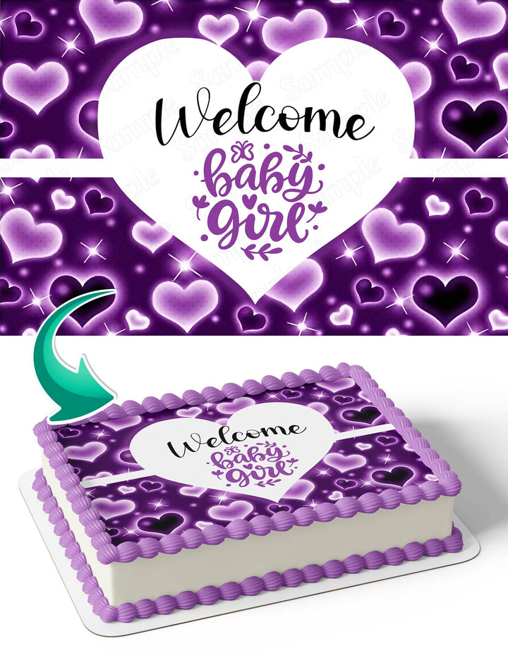 Welcome Baby Girl Purple Hearts Edible Cake Toppers