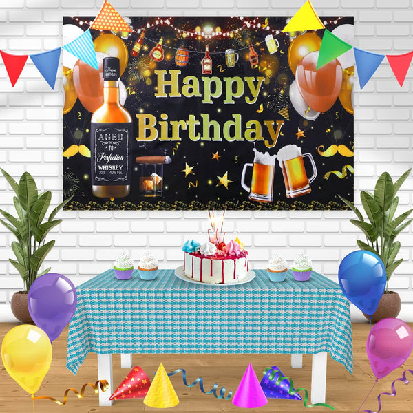 Whiskey Aged to Perfection Cheer Beer Cigar Bn Birthday Banner Personalized Party Backdrop Decoration