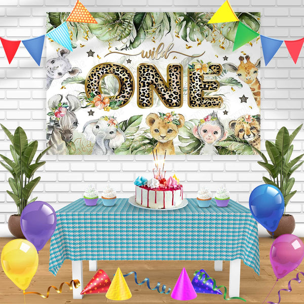 Wild One Gold Cheetah Jungle Zoo Animals Green Leaves Bn Birthday Banner Personalized Party Backdrop Decoration