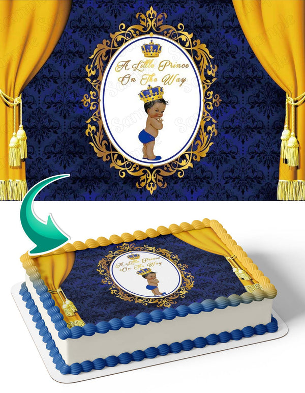 A Little Prince On The Way African American Baby Boy Royal Blue Gold Edible Cake Toppers