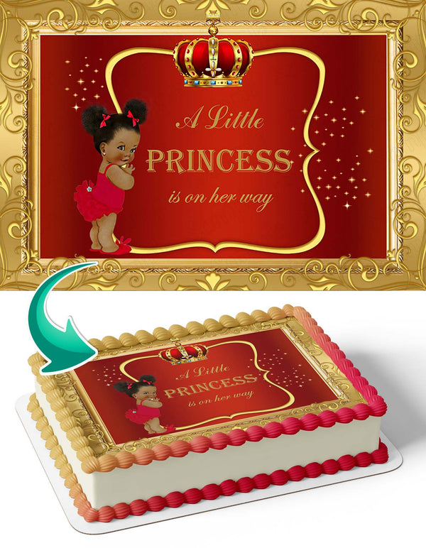 A Little Princess Is On Her Way Red African American Gold ARG Edible Cake Toppers