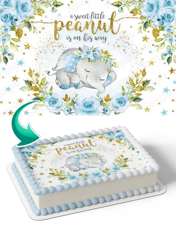 A Sweet Little Peanut Is On His Way Baby Boy Elephant Edible Cake Toppers