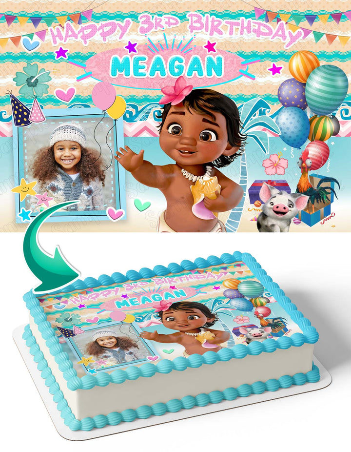 Baby Moana Photo Frame Edible Cake Topper Image