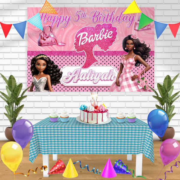 Barbie Barbi Afro American Girl Princess Cute Pink Bn Birthday Banner Personalized Party Backdrop Decoration
