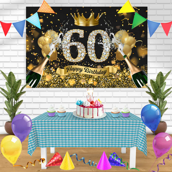 Black And Gold Balloons Crown Champagne Glitter 60 Bn Birthday Banner Personalized Party Backdrop Decoration