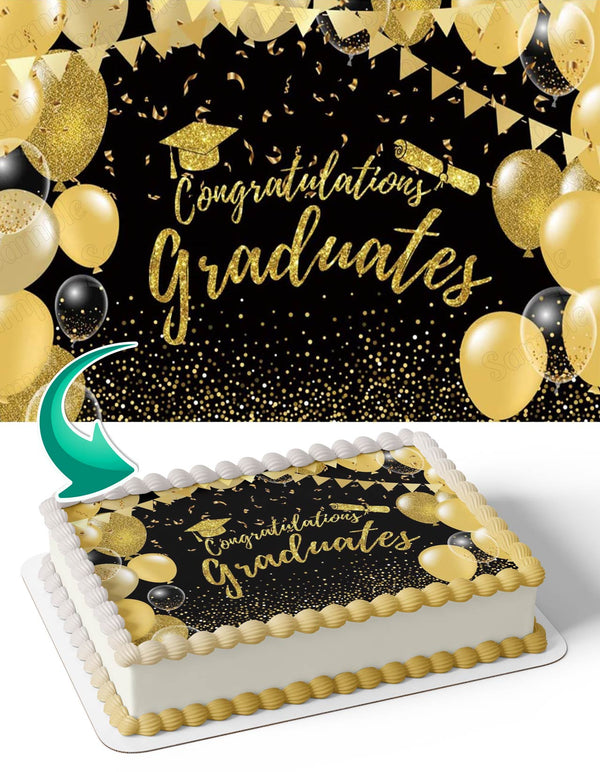 Congratulations Graduates Gold Balloons Edible Cake Toppers