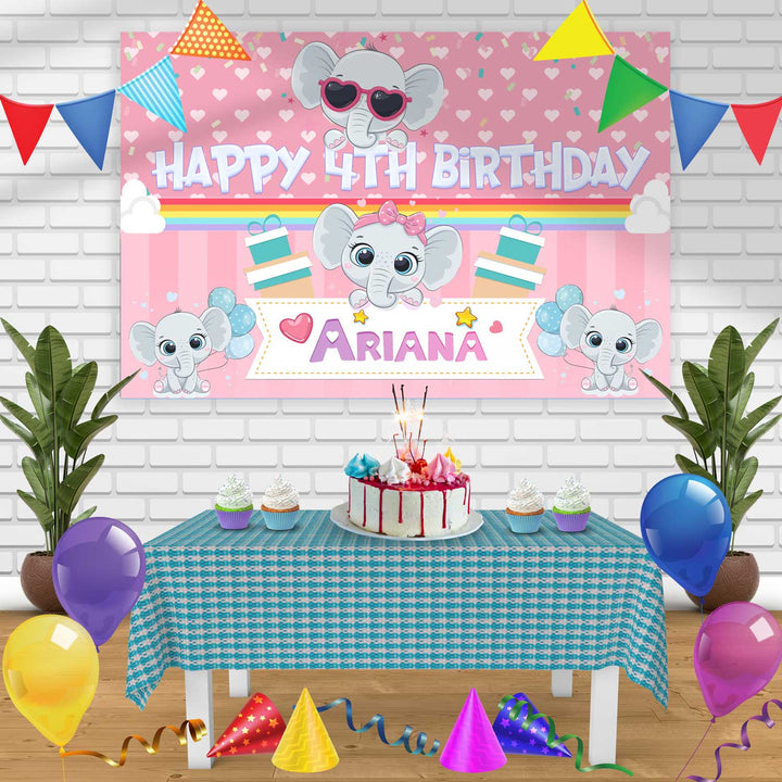 Cute Elephant Girl Birthday Banner Personalized Party Backdrop Decoration