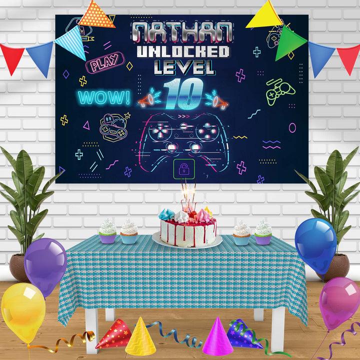 Dad Level Unlocked Gamer Birthday Banner Personalized Party Backdrop Decoration