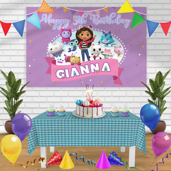 Gabby DollHouse Cute Girls Birthday Banner Personalized Party Backdrop Decoration