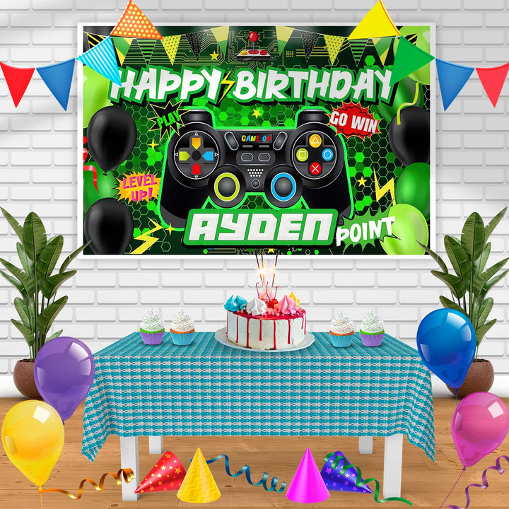 Gamer Console Green Birthday Banner Personalized Party Backdrop Decoration