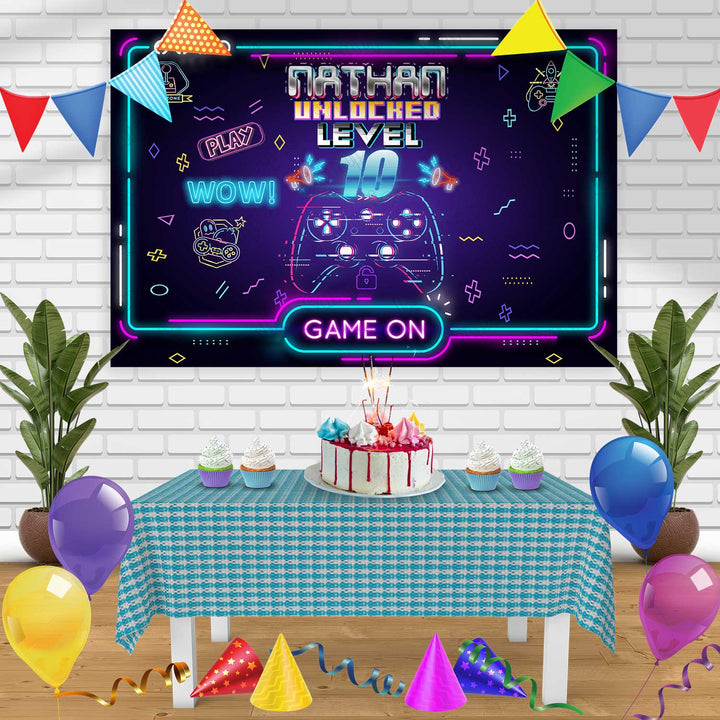 Level Unlocked Gamer GM Birthday Banner Personalized Party Backdrop Decoration