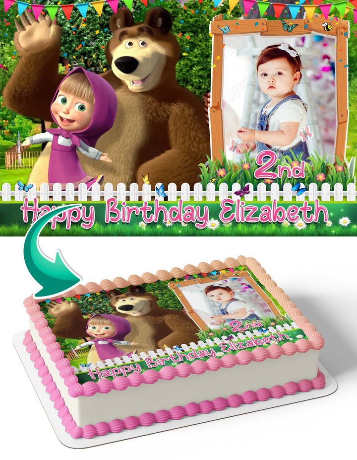 Masha Kids Boys Girls Bear V1 Photo Frame Edible Cake Topper Image