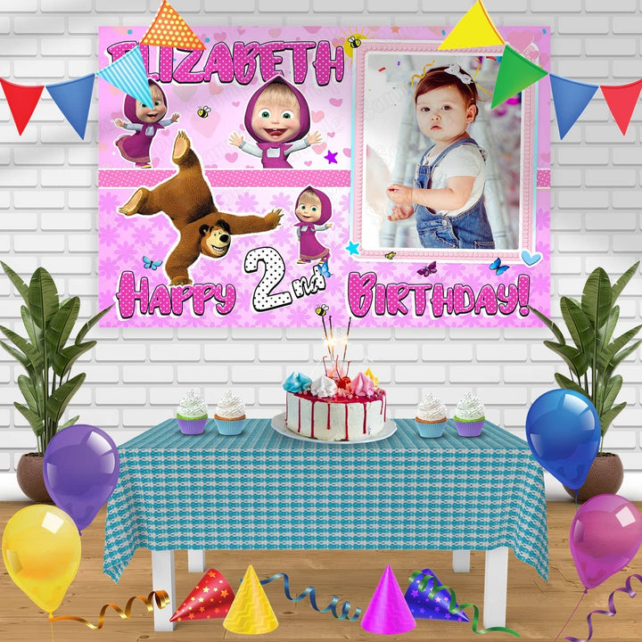 Masha and Bear Frame V2 Birthday Banner Personalized Party Backdrop Decoration