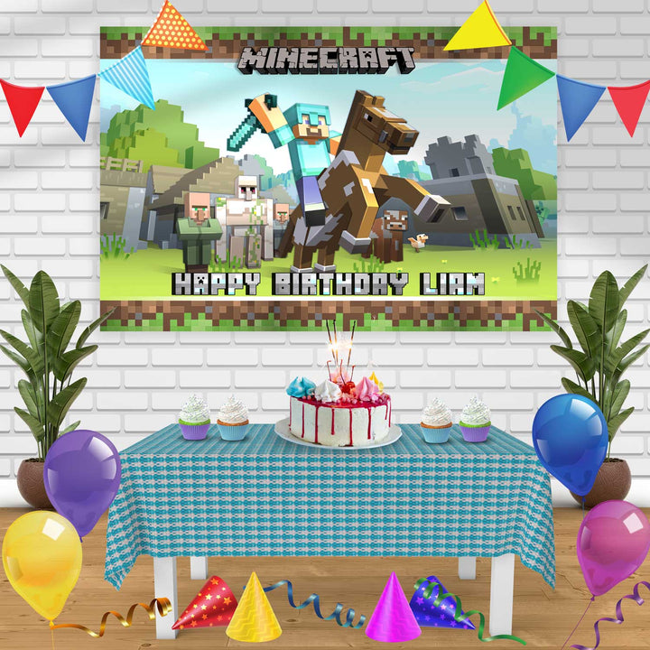 Minecraft 3 Birthday Banner Personalized Party Backdrop Decoration