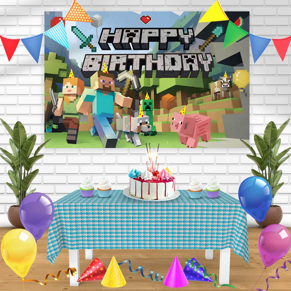 Minecraft Game GB Bn Birthday Banner Personalized Party Backdrop Decoration