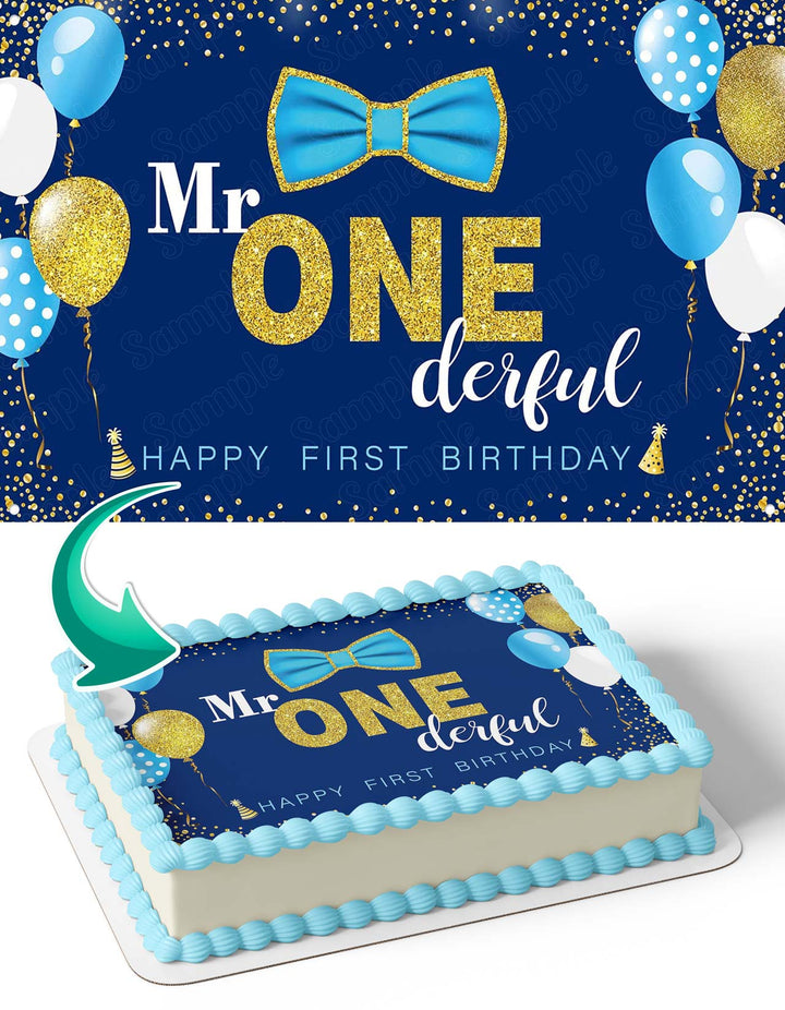 Mr One Derful Baby Boy 1st Blue Gold Edible Cake Toppers