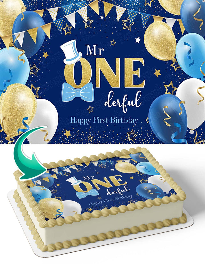 Mr One Derful Baby Boy 1st Gold Cute Edible Cake Toppers