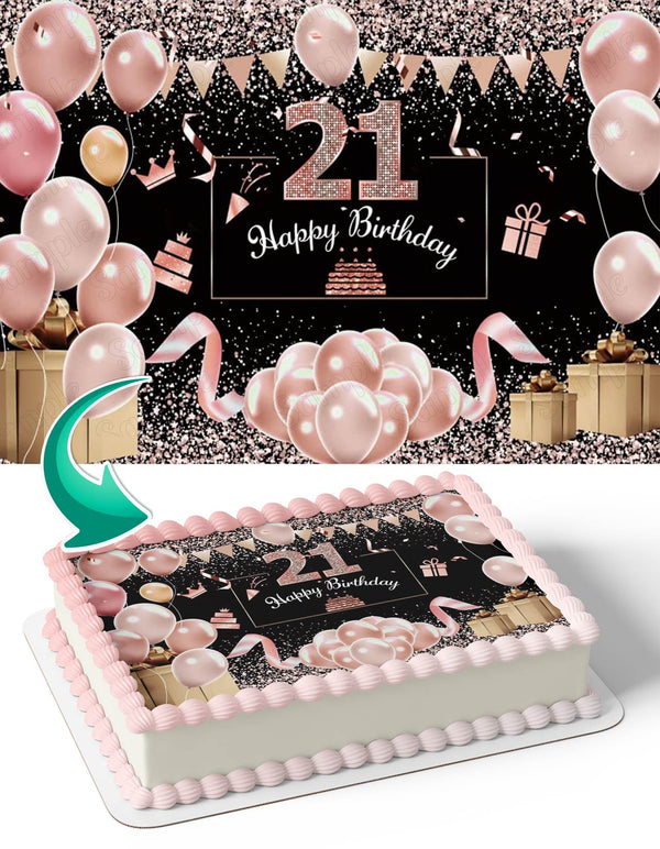 Pink Gold Gift Box Balloons Glitter 21 Edible Cake Toppers