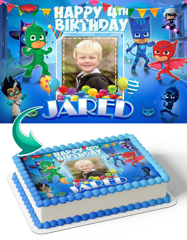 PJ Masks GekkoCat Boy Owlette Photo Frame Edible Cake Topper Image