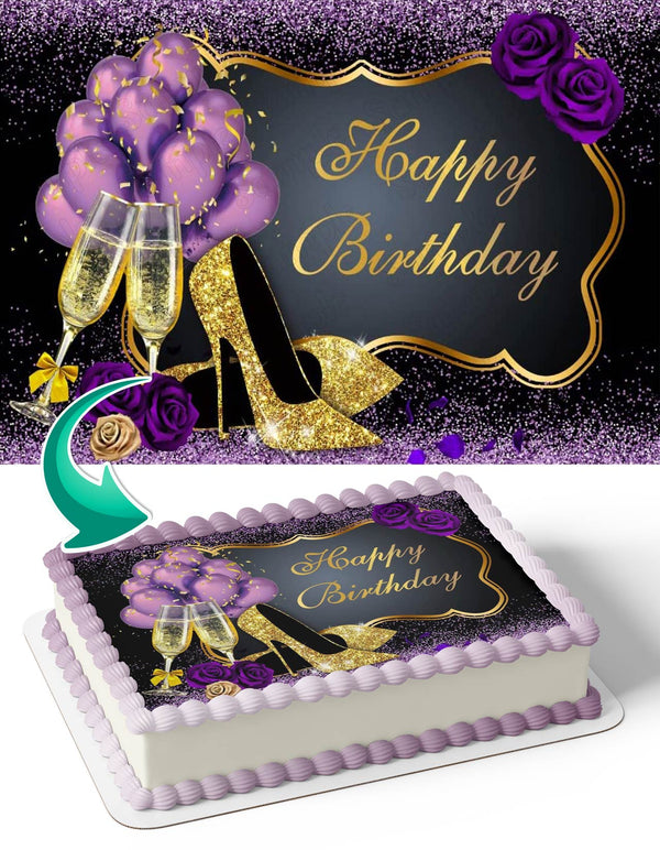 Purple Gold Champagne Glitter Shoes Edible Cake Toppers