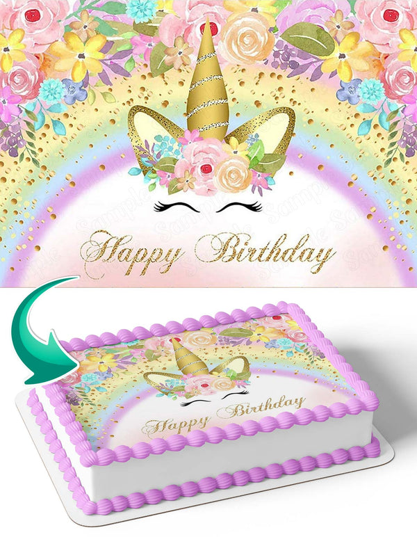 Unicorn Princess Rainbow Cute Girl Flowers Edible Cake Toppers